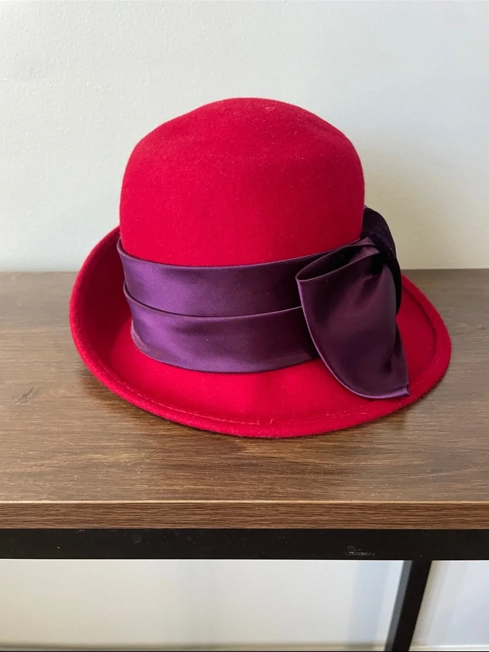 Red Wool Cloche Hat with Purple Bow